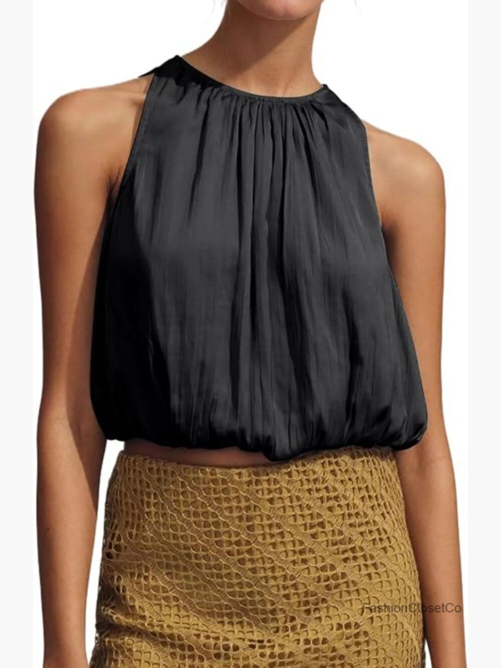 Halter Crop Bubble Tank Tops Sleeveless Crewneck Puffy Hem Cropped Tops Going